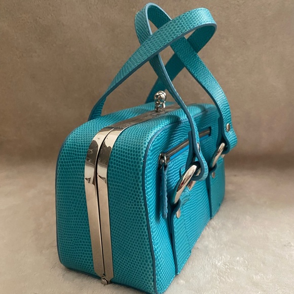 Vintage Isabella Fiore Rectangle Handbag Turquoise Green Silver Clasp Closure - Picture 5 of 12